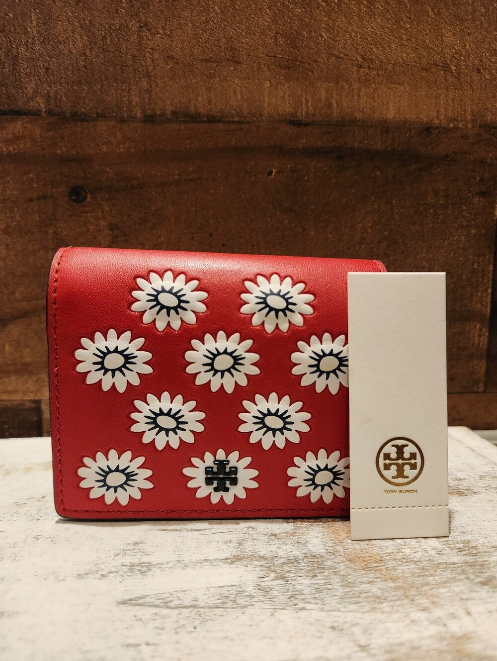 Tory Burch Red Floral Leather Compact Wallet